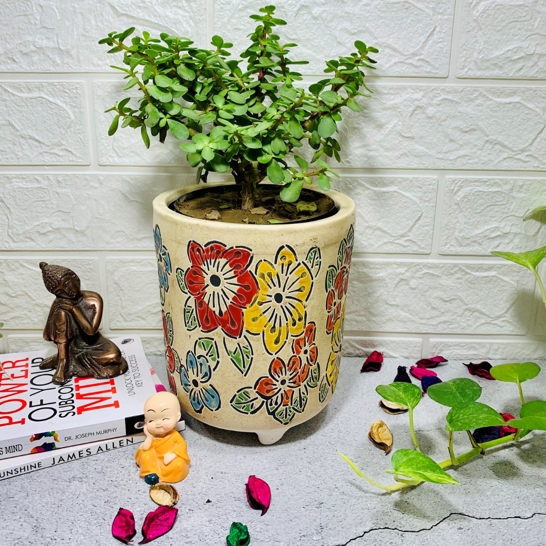 Homefrills Stylish Multicolour Flower Print Matte Finish Ceramic planters Pot Gamla for Indoor & Outdoor Home, Garden, Office Decor,Balcony Planters Pot Gamla Size-18 * 15 cm